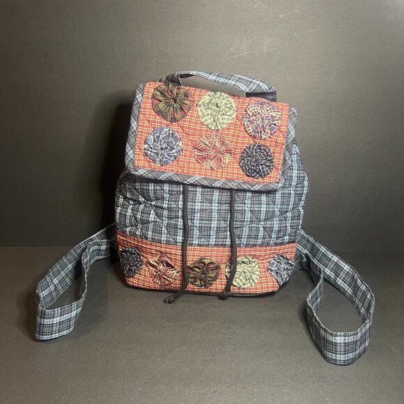 Irene's Quilts Rare Blue & Red Quilted Applique Fabric Medium Size Backpack 12" - Picture 1 of 10